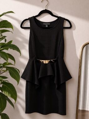 Black Peplum Dress | Silver Waist Detail | Elegant Statement Piece